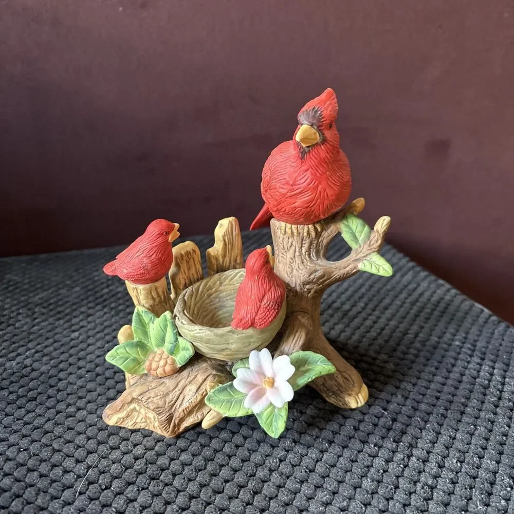 Vintage Cardinals Porcelain Figurine Mother Baby Chicks On a Log and Nest